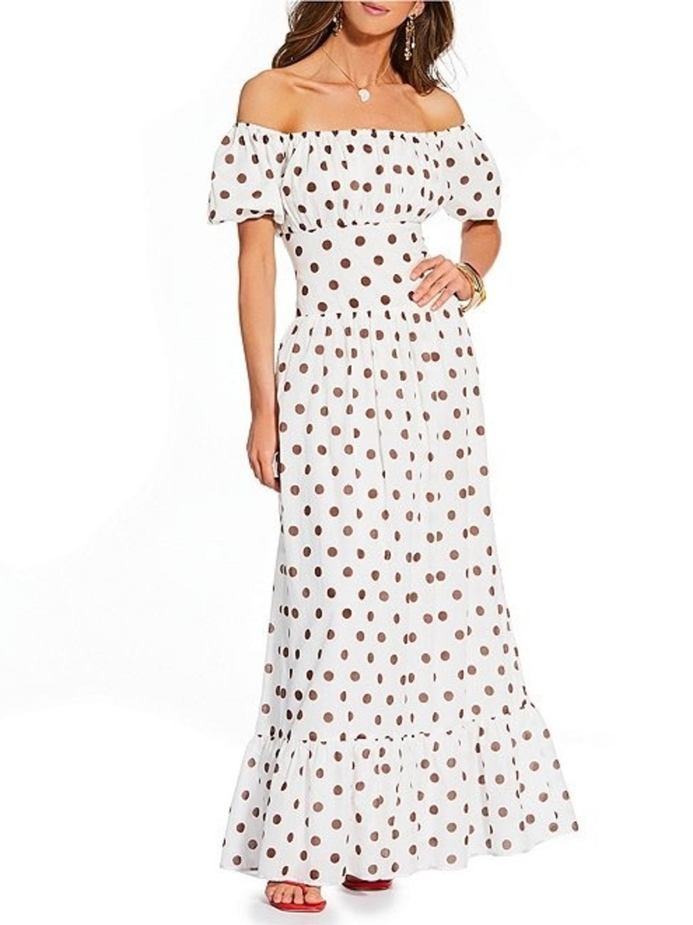 Mlle Gabrielle White Maxi Dress with Brown Polka Dots
